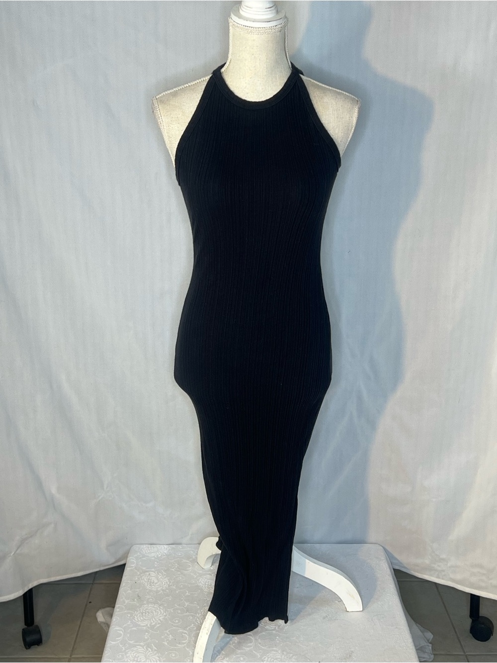 Pink Lilly Maxi Dress Fitted Black Ribbed Stretch Tank Side Slit Sleeveless M 👍